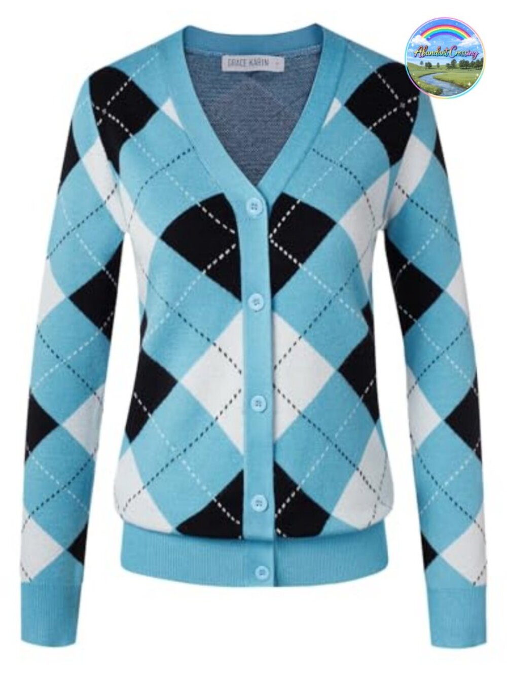 Argyle Cardigan Sweater Women Button Down V-Neck Long Sleeve Knit